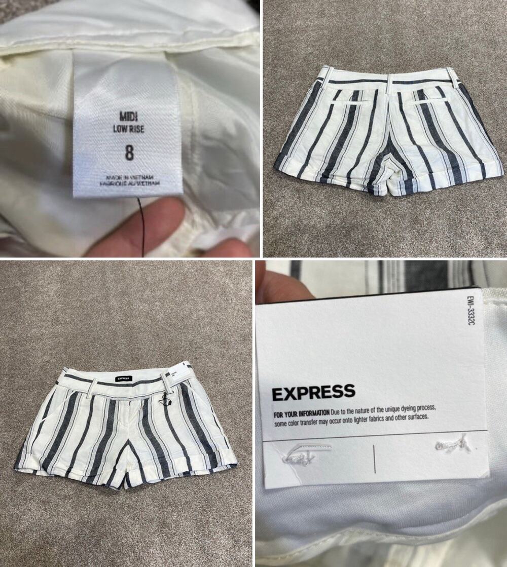 Express Women's Midi Low Rise Linen Blend Shorts Size 8 Black White Stripe
